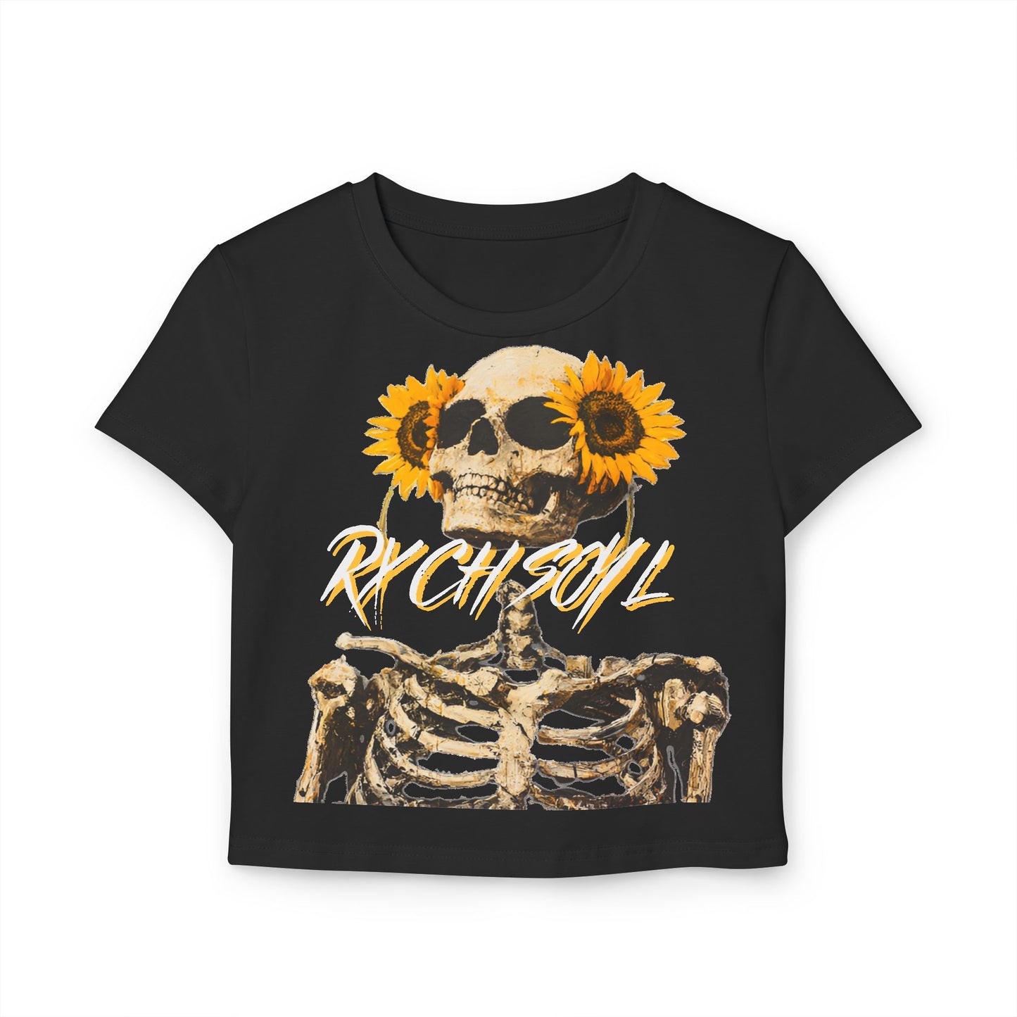 Women's Skeleton & Sunflower Graphic Baby Tee - RX CHILL Vibe T-Shirt