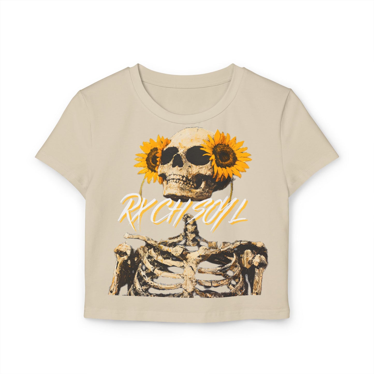 Women's Skeleton & Sunflower Graphic Baby Tee - RX CHILL Vibe T-Shirt