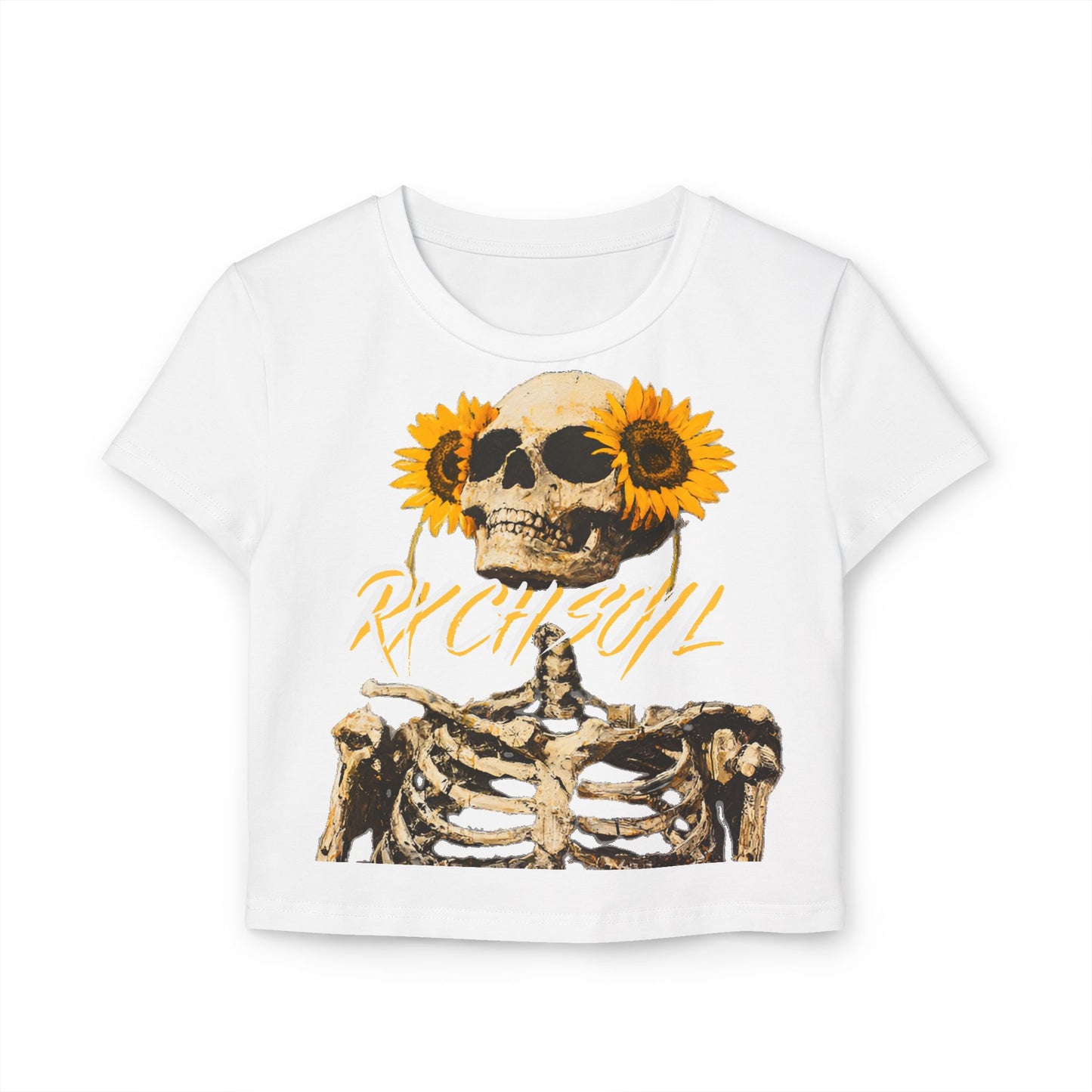 Women's Skeleton & Sunflower Graphic Baby Tee - RX CHILL Vibe T-Shirt